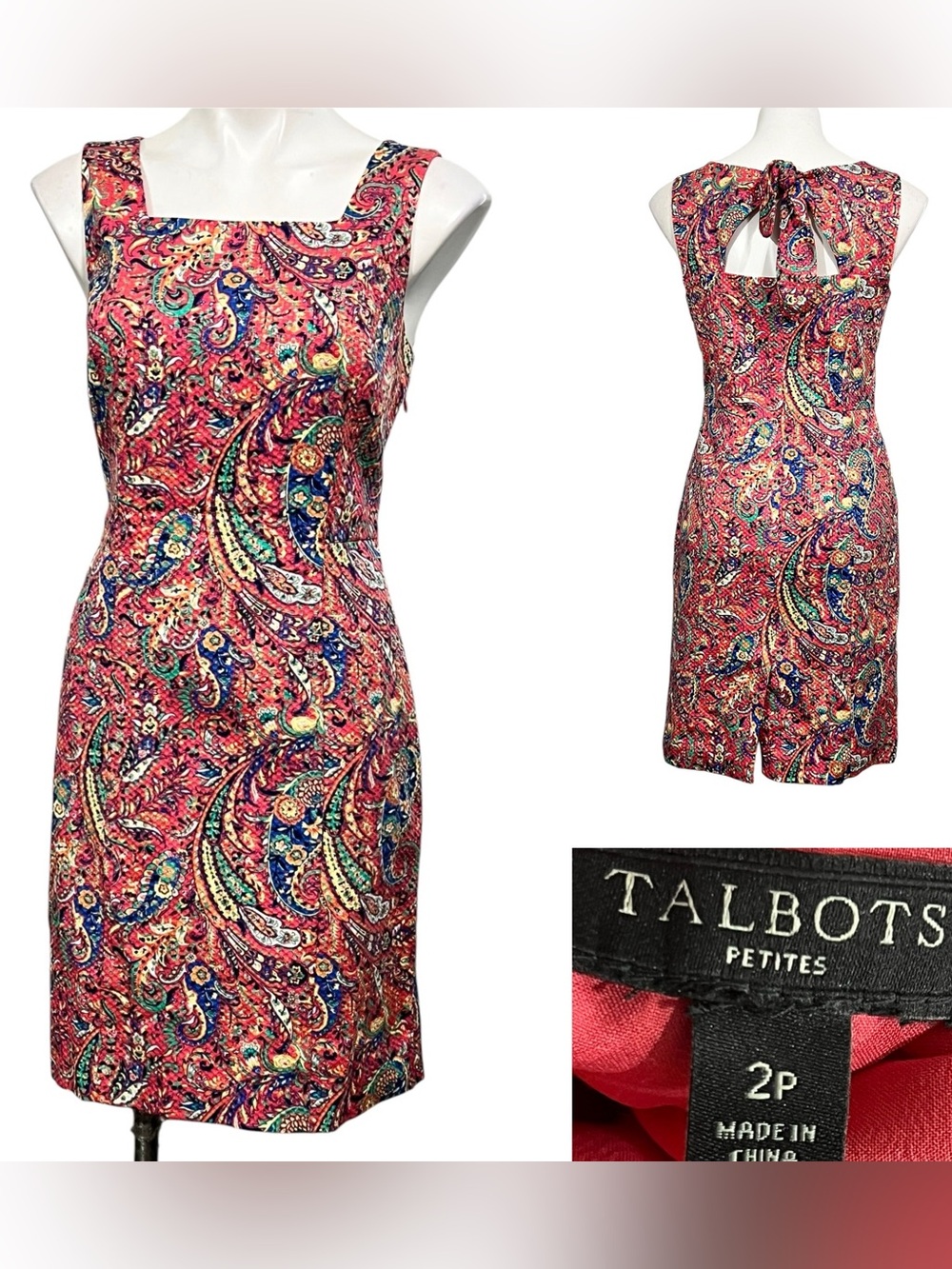 Talbots Dress 2p Coral Multicolor Paisley Petite Sheath cotton blend office fall